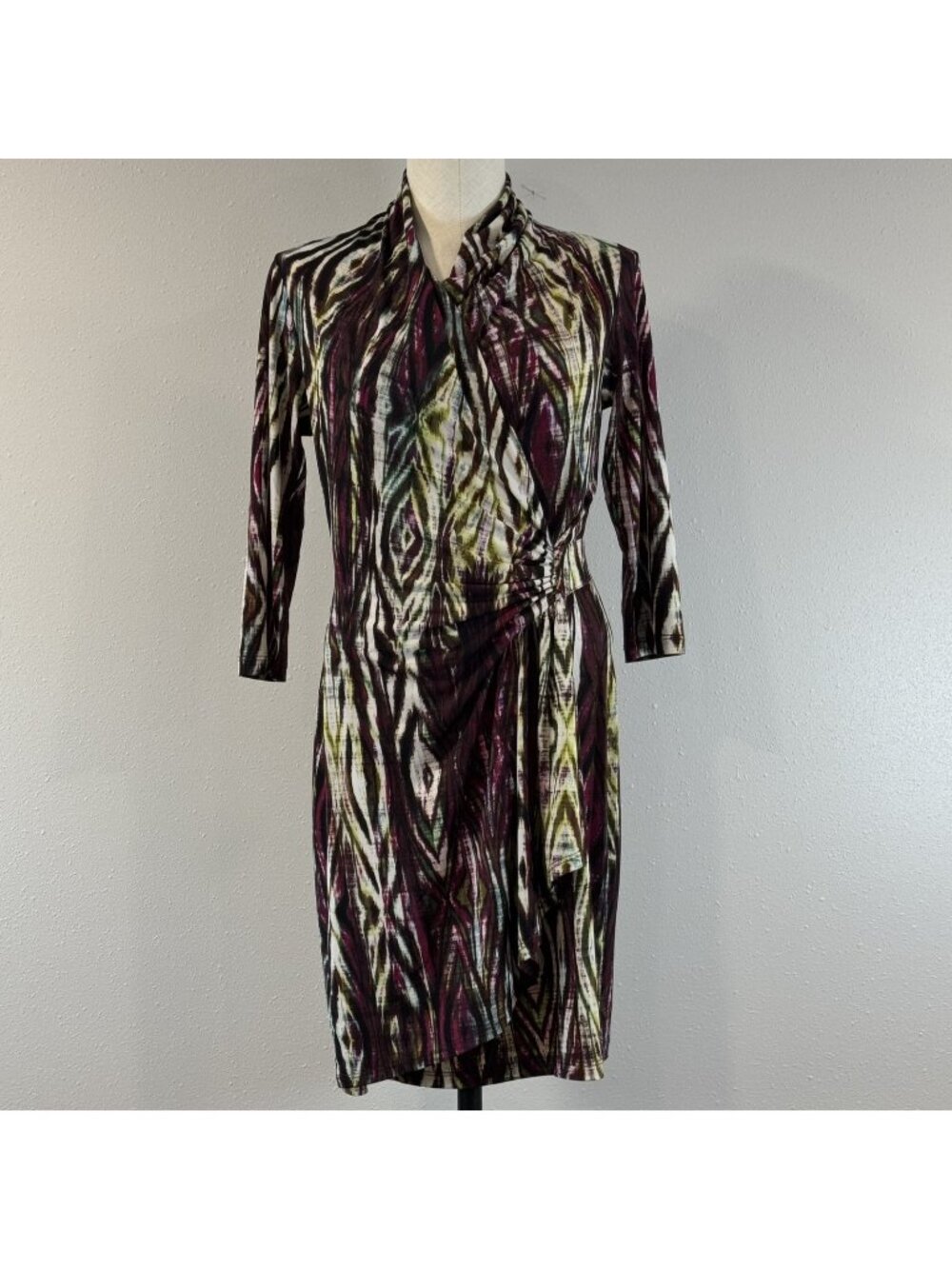 Karen Kane Faux Wrap Dress Womens Size S Abstract Print Knee Length 3/4 Sleeve